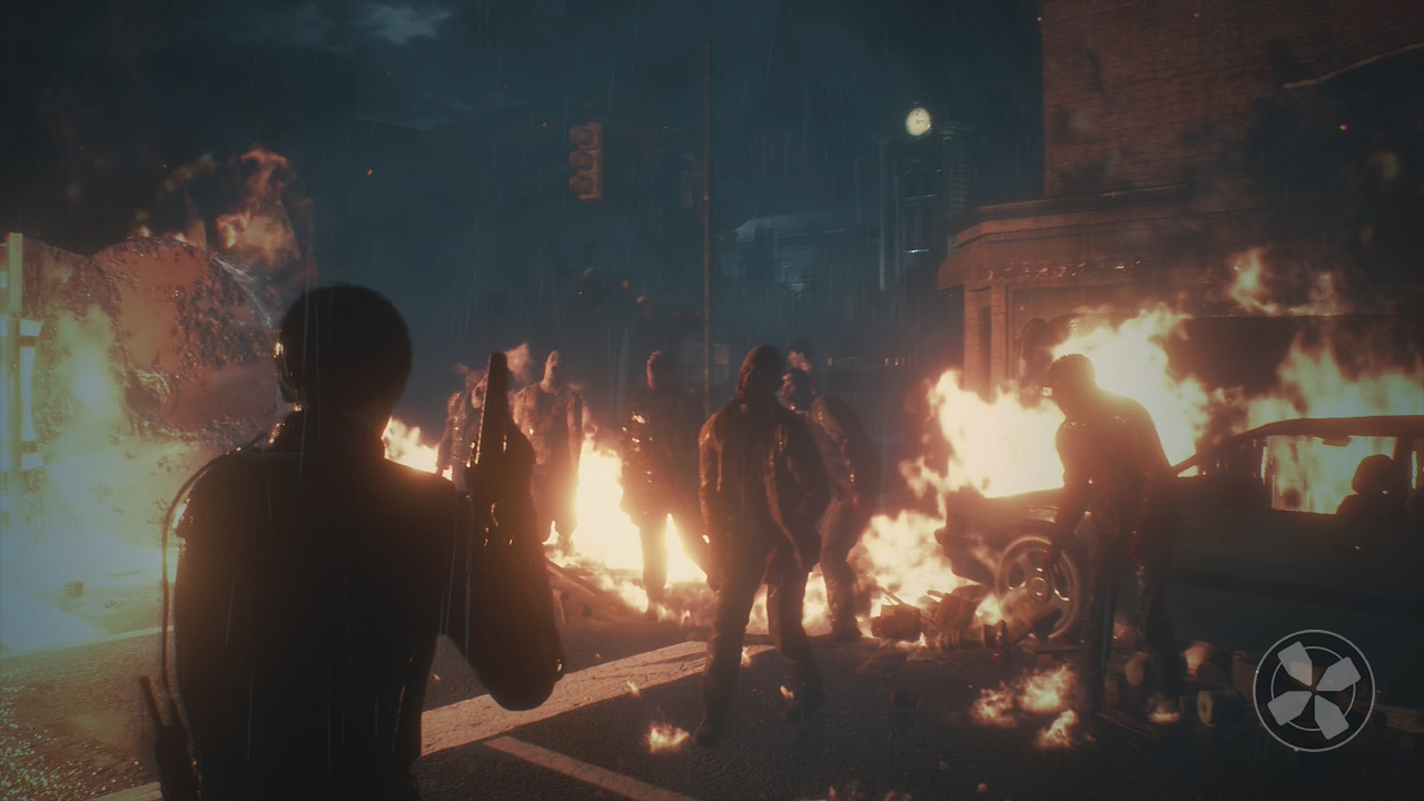 Leon squares off against many zombies in the intro of Resident Evil 2 remake.