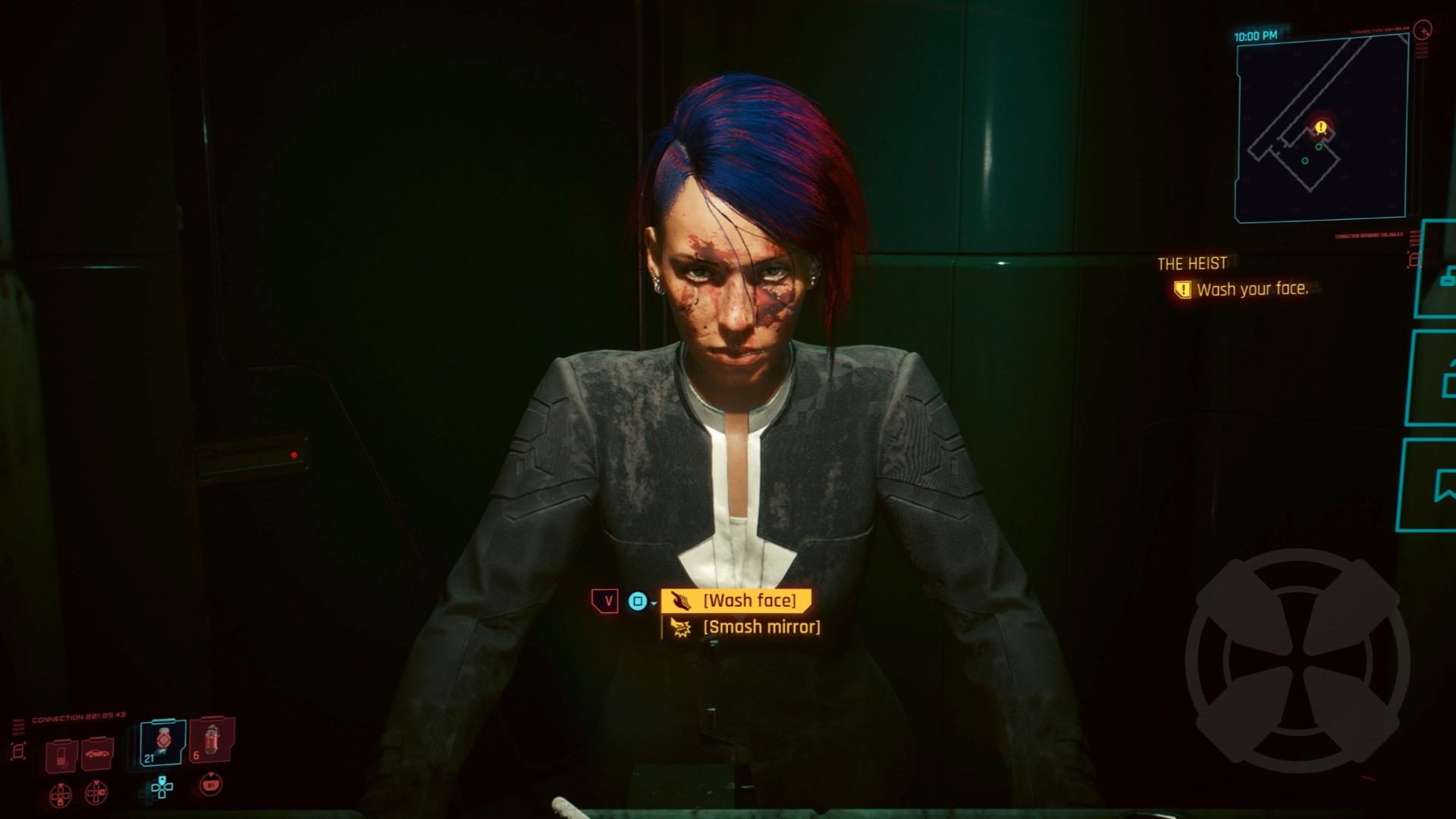 Image of player character V in Cyberpunk 2077 staring into a mirror with blood on their face.
