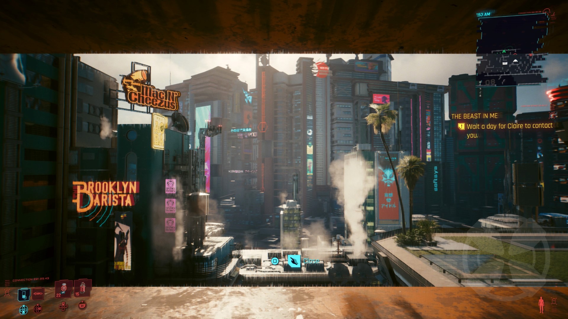 An image showing a view of Night City from V's apartment in Cyberpunk 2077.